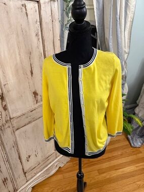 Talbots tipped button cardigan. Yellow w/black and white strip. Medium . Preppy